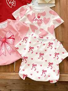 SHEIN 4pcs Young Girl Cute Sweet Heart Series T-Shirts,Short Sleeve Crew Neck Basic Tops For Summer School,White,Pink,Red Valentine's Day Casual Wear - Multicolor - View 3