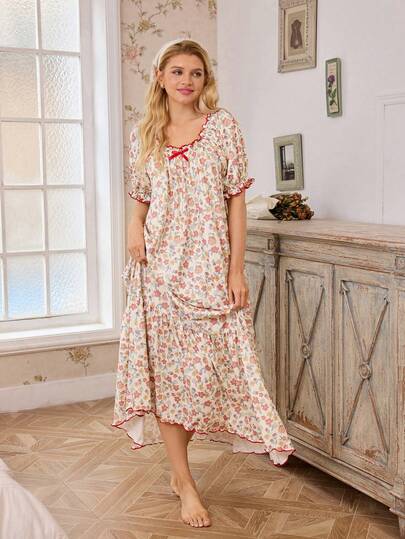 SHEIN Romantic Floral Bubble Short Sleeve Loose Long Nightgown For Women, Spring/Summer