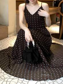 DAZY 女士波点优雅时尚约会派对长吊带连衣裙 - 棕色 - 查看 9