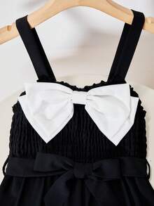 Girls' Sleeveless Ruffled Wide Leg Jumpsuit With Tie Waist, Bow Decor, Summer Outfit - Black - View 3