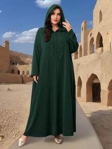 Al Najma Plus Size Women's Solid Color Hooded Applique Casual Loose Daily Wear Arabic Style Long Sleeve Dress - Dark Green - View 1