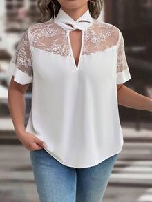 EMERY ROSE Auvina Plus Size Women's Solid Color Elegant Twist Collar Lace Patchwork Plus Size Blouse - White - View 8