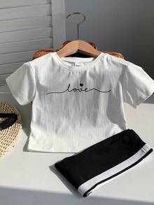 2pcs Baby Girls Casual Versatile Heart & Letter Print Round Neck Short Sleeve Top And Leggings Set, Suitable For Spring, Summer, Autumn - Black and White - View 5