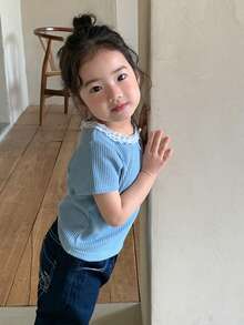 DAZY Toddler Girls' Round Neck Lace Patchwork Korean Style Bow Long Sleeve T-Shirt - Blue - View 3