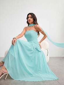 Vestido de mujer con volante asimétrico en el bajo y cuello halter, elegante y encantador, color amarillo claro, para primavera/verano - Azul Agua - Ver 7