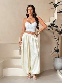 SHEIN Tall 2025 Women's Casual Apricot Satin Glossy Drawstring Waist Loose Pants, Suitable For Commuting, Partying, Going Out, Business Casual And Daily Wear - Apricot - View 7