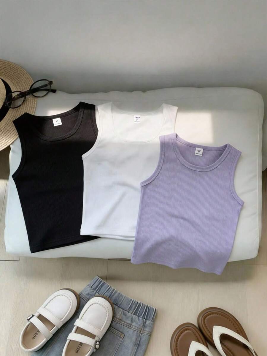 SHEIN Playful Pals 3件套女童纯色圆领简约时尚百搭吊带背心,夏季 - 彩色 - 查看 1