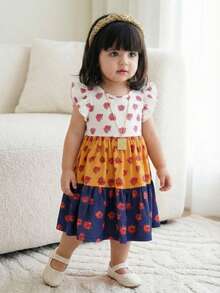 SHEIN Baby Girl Knitted Contrast Color Round Neck Ruffle Hem Snug Fit Dress - Multicolor - View 6