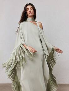 ZEYLAH Loose Flowy Fringed Dress With Asymmetrical Shoulder Tie Straps, Spring - Mint Green - View 4