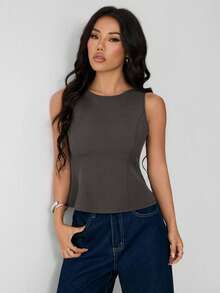 SHEIN PETITE Women's Summer Fashionable Designer Black Top - Dark Grey - View 10