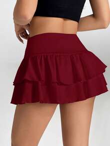SHEIN PETITE Women's Double Layer Ruffle Hem A-Line Short Skirt Red Ruffle Skirt - Burgundy - View 2
