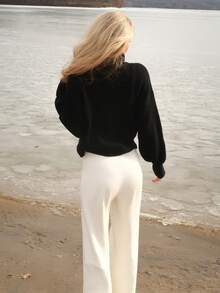 Sydney Algeri Rib-Knit Turtleneck Drop Shoulder Sweater,Long Sleeve Tops Knit Pullover Fall Winter Outfit - Black - View 2