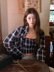 DAZY 格子印花褶皱荷叶边露脐抹胸上衣和纽扣前襟衬衫 - 杏色 - 查看 7