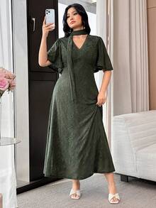 Feyla Plus Size Women's Elegant V-Neck Long Dress - Army Green - View 6
