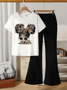 Sparklyn 2pcs/Set Tween Girls Cartoon Character Print Short Sleeve T-Shirt And Bell Bottom Pants Outfit