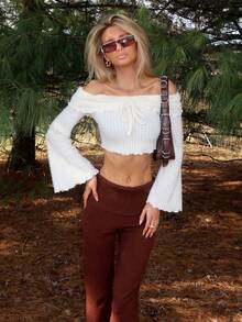 Sydney Algeri Maglietta donna a maniche a campana con spalle scoperte, in colore unito, morbida e soffice, adatta per Ognissanti, uscite, concerti, stile boho, abbigliamento autunnale, per donne - Albicocca - Visualizzare 1