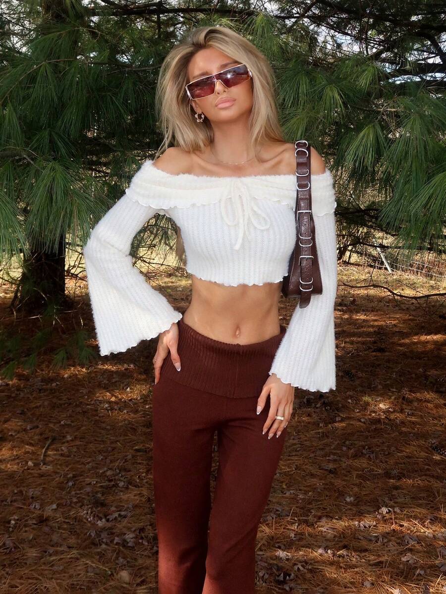 Sydney Algeri Maglietta donna a maniche a campana con spalle scoperte, in colore unito, morbida e soffice, adatta per Ognissanti, uscite, concerti, stile boho, abbigliamento autunnale, per donne - Albicocca - Visualizzare 1