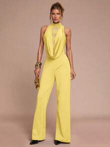 SHEIN BAE Women's Elegant Contrast Lace Halter Jumpsuit, Autumn - Yellow - View 4