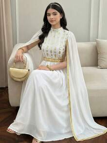 SHEIN Đầm dự tiệc cho thiếu nữ: Dây ruy băng vàng, tua rua, mùa xuân/hè, đi nghỉ mát, viền ren vàng, cổ đứng, họa tiết hoa châu Âu cổ điển, phối màu, màu hồng, áo choàng Ả Rập Trung Đông, đầm dài ngày Quốc khánh - trắng - Xem 1