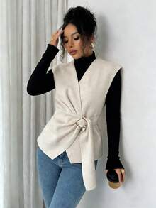 Elenzga 女士不对称系带无袖束腰外套，休闲日常穿着，时尚办公着装，春夏款 - 杏色 - 查看 3