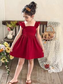 LMoss Kids Vestido casual de niña con cuello cuadrado, volantes en el bajo y unicolor tejido - Rojo - Ver 5
