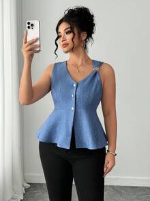 SHEIN PETITE CURVE Plus Size Women Elegant Sleeveless Blouse, Commuter Chic Top, Versatile For Work, Spring/Summer Summer Peplum Top Peplum Tops - Blue - View 5