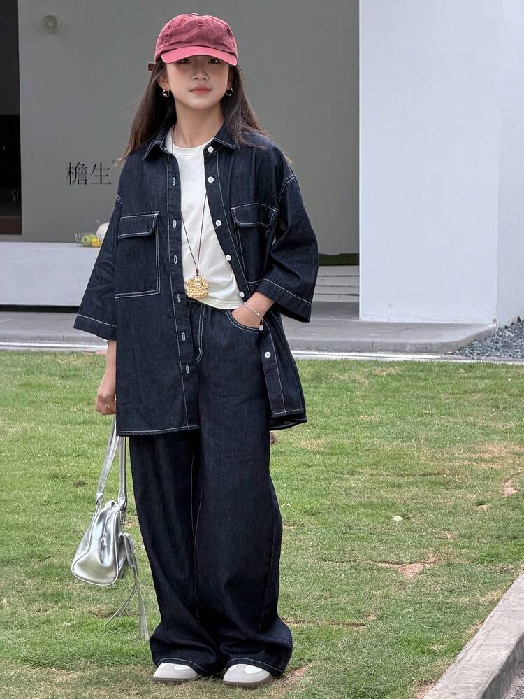 Girls Denim Jacket And Wide Leg Jeans Set, Tween Girl Fall Outfit