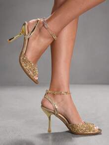 CUCCOO SZL Giày cao gót mũi nhọn đính đá lấp lánh thời trang mới dành cho nữ, thích hợp cho các bữa tiệc, dịp trang trọng, Halloween, Lễ Tạ ơn, Giáng sinh. - Vàng - Xem 3