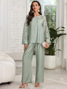 Lacomfia New French Retro Long Sleeve Lace Patchwork Hollow Out Blouse & Pants Set, Misty Blue - Green - View 4