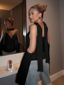Glamine Charm Bộ sưu tập thời trang nữ mùa thu 2025 gồm áo hai dây màu trơn thanh lịch và áo sơ mi tay ngắn bằng vải chiffon, thích hợp cho năm học mới. - màu đen - Xem 4