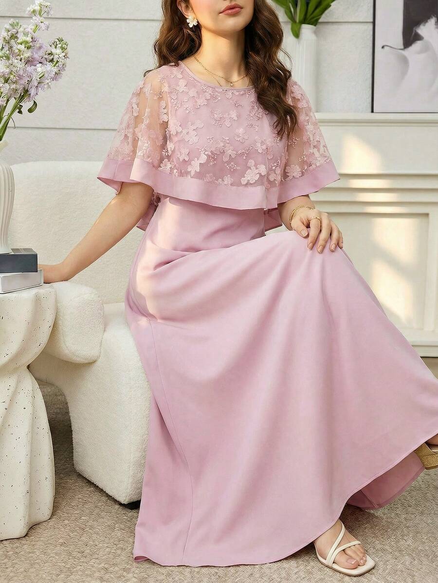 Đầm dự tiệc thanh lịch cho thiếu nữ, phối lưới hoa. - Hồng - Xem 1