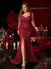 Glamrae 大码优雅浪漫奢华黑色蕾丝心形领长袖修身鱼尾不规则荷叶边开衩连衣裙，适合晚宴、单身派对、约会、舞会、度假、婚礼、正式场合。 - 酒紅色 - 查看 5