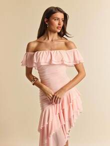 SHEIN BAE Đầm ôm sát màu hồng trễ vai, xếp ly, vạt bất đối xứng, thích hợp cho tiệc cocktail, hẹn hò lãng mạn, họp mặt, sự kiện trang trọng, đầm phù dâu, trang phục dạ hội, ngày Valentine, đầm mùa hè, bữa ăn sáng muộn, kỳ nghỉ biển. - Hồng - Xem 6