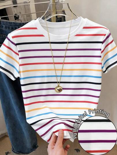 Resyla Camiseta de mujer de manga corta con cuello redondo, estampado de rayas de colores, informal, para verano