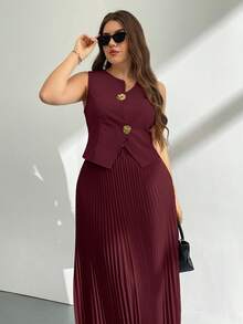 Firerie 大码女式金属单排扣马甲和百褶中长裙优雅两件套 - 酒紅色 - 查看 3