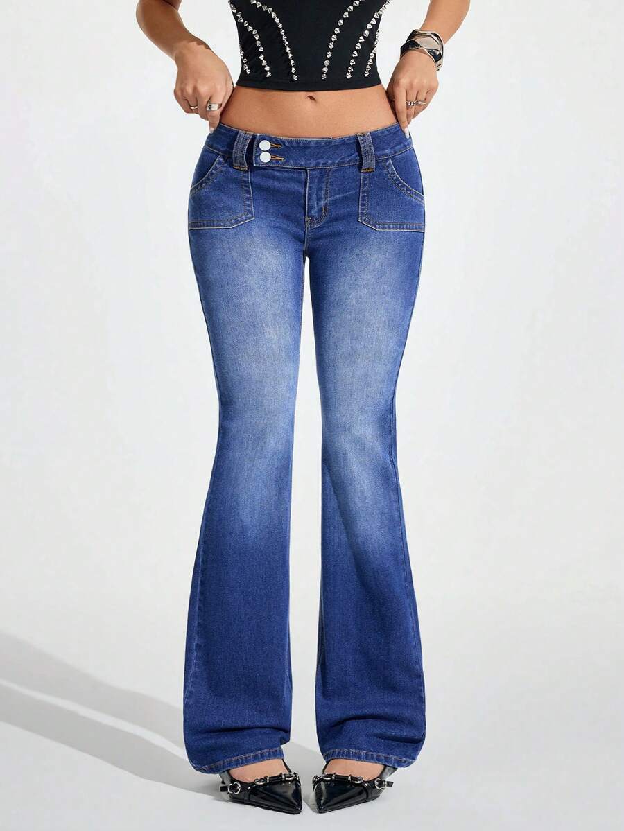 Jeanoix 女士纽扣腰袋设计休闲百搭喇叭裤 - 藍色 - 查看 1