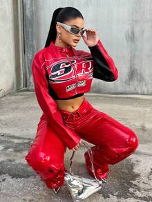 Dayanna Comas Autumn And Winter Casual Street Motorcycle Style Round Neck Long-Sleeved Ultra-Cut PU Women's Racing Crop Jacket - Multicolor - View 1