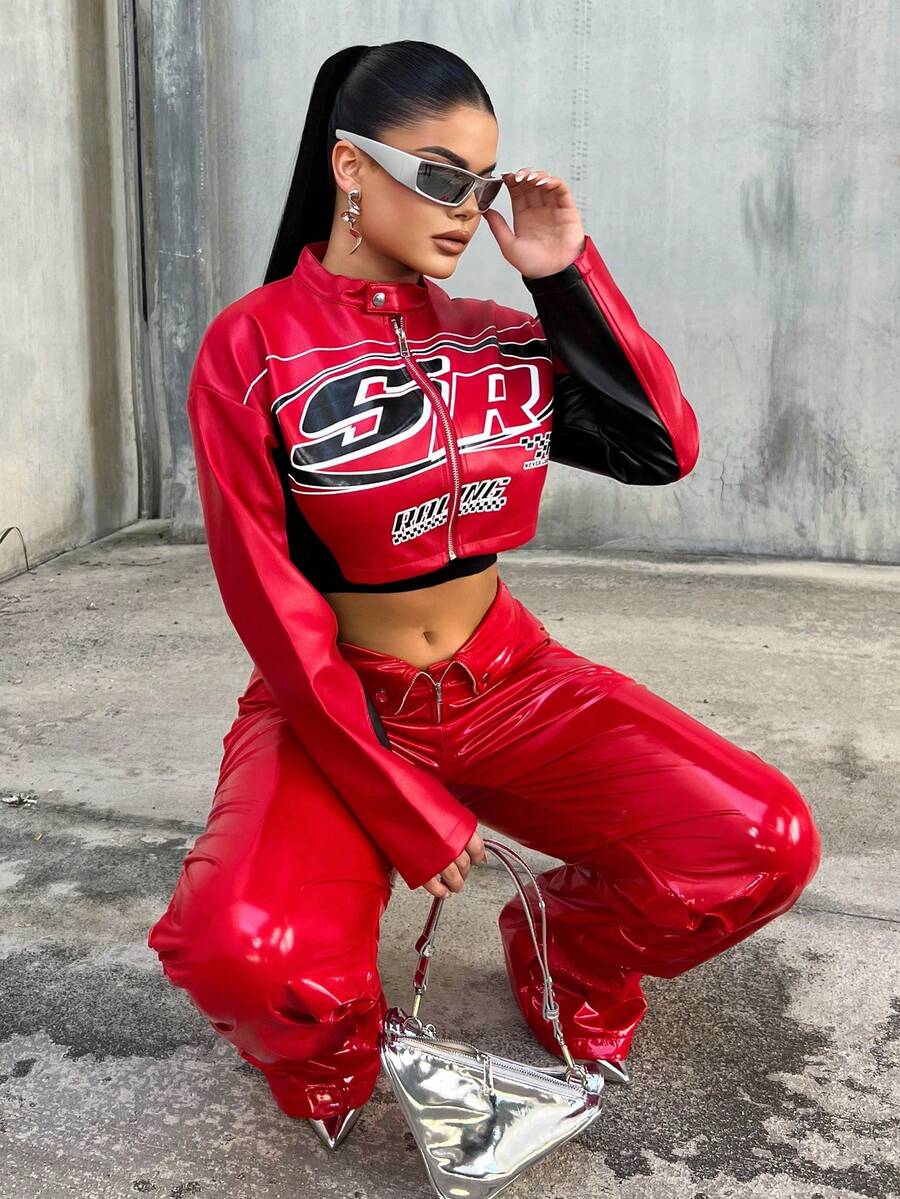 Dayanna Comas Autumn And Winter Casual Street Motorcycle Style Round Neck Long-Sleeved Ultra-Cut PU Women's Racing Crop Jacket - Multicolor - View 1