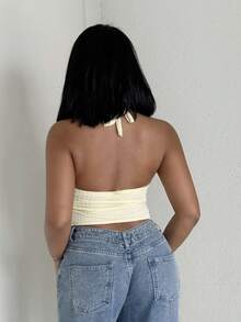 Alexandranx Fashionable Sexy Halter Tie-Up Twisted Hem Slit Open Back Camisole - Yellow - View 2