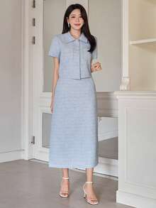 DAZY 女士优雅图案口袋衬衫和直筒裙两件套，春夏款 - 藍色 - 查看 3