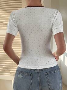 Livesso 女士波点蕾丝镂空方领短袖休闲街头度假白色打底T恤，春夏款 - 白色 - 查看 3