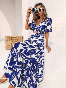 Vivid Eden Women's White And Blue Floral Summer Boho Vacation Holiday Dress,Tropical Plant Print Cut Out Backless Maxi Dress,Casual Bohemian Beach Sundress - Blue - View 7
