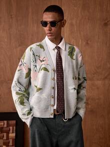 AKNOTIC Business Casual 男士V领长袖花卉提花休闲开衫毛衣 - 淺灰色 - 查看 2