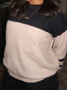 Tyla Gomez Color Block Drop Shoulder Sweater,Long Sleeve Tops Knit Pullover Fall Winter Outfit - Mocha Brown - View 5