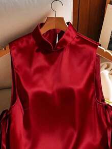 Franclia Women's New Elegant Mandarin Collar Sleeveless Loose Shirt With Side Bow Accent