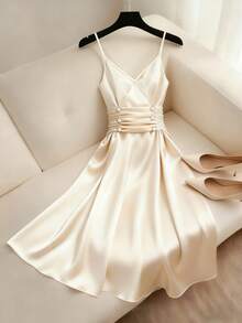Franclia Women's Fashionable Elegant Spaghetti Strap Waist Midi Dress Satin Dress Elegant Ivory Dress Cream Dress Silk Dresses Classy Dress Elegant Dress Wedding Dress Beach Dress Satin White Dress - Apricot - View 3