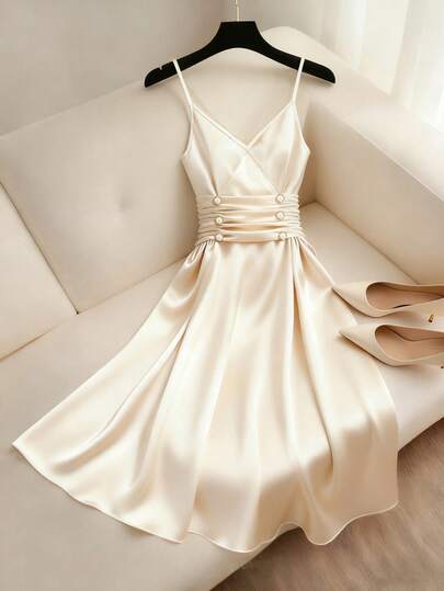 Franclia Women's Fashionable Elegant Spaghetti Strap Waist Midi Dress