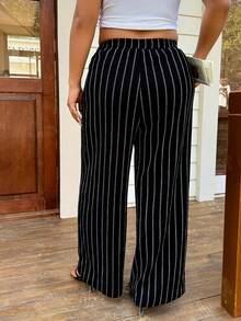 SHEIN EZwear 大码女式休闲/工作装条纹阔腿裤，春夏款 - 黑與白 - 查看 2