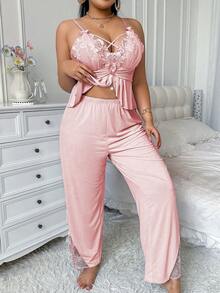 SHEIN 花卉刺绣网纱拼接性感深V领珍珠装饰女士针织吊带背心和长裤睡衣套装 - 粉色 - 查看 5