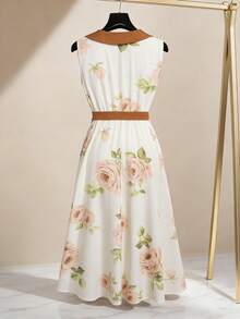 GlowEve Women's Rose Print Waist Tie A-Line Contrast Collar Elegant Everyday Vacation Commute Fashion Valentine's Day Date French Street Retro Versatile Party Brown Rose Print Early Spring/Autumn Sleeveless Mid-Length Dress - Multicolor - View 2